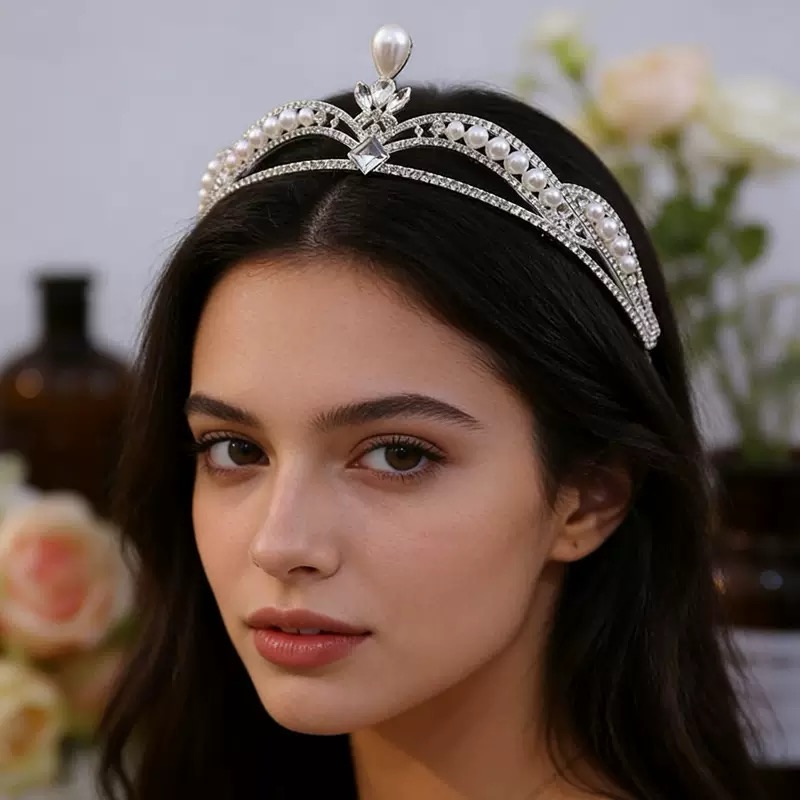 Vintage Silver Pearl & Crystal Bridal Tiara Headband